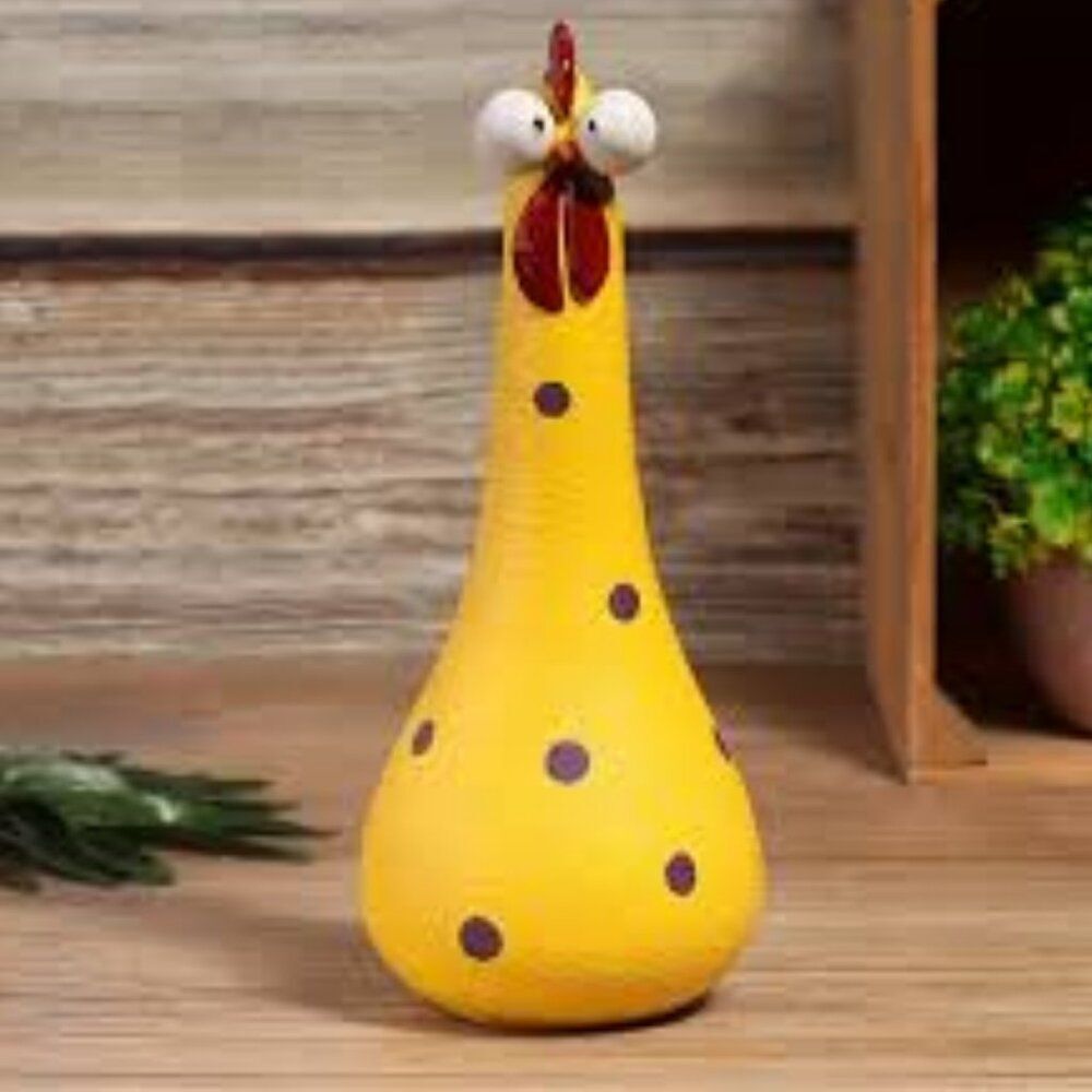 Quirky Big-Eyed Chicken Figurine Made of Colorful Polka Dot Resin in Yellow